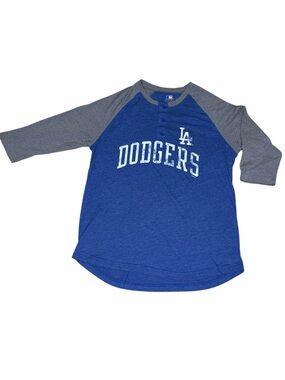 MLB LA Dodgers Henley Shirt Mens M Blue Gray 3/4 Sleeve Raglan Baseball Tee